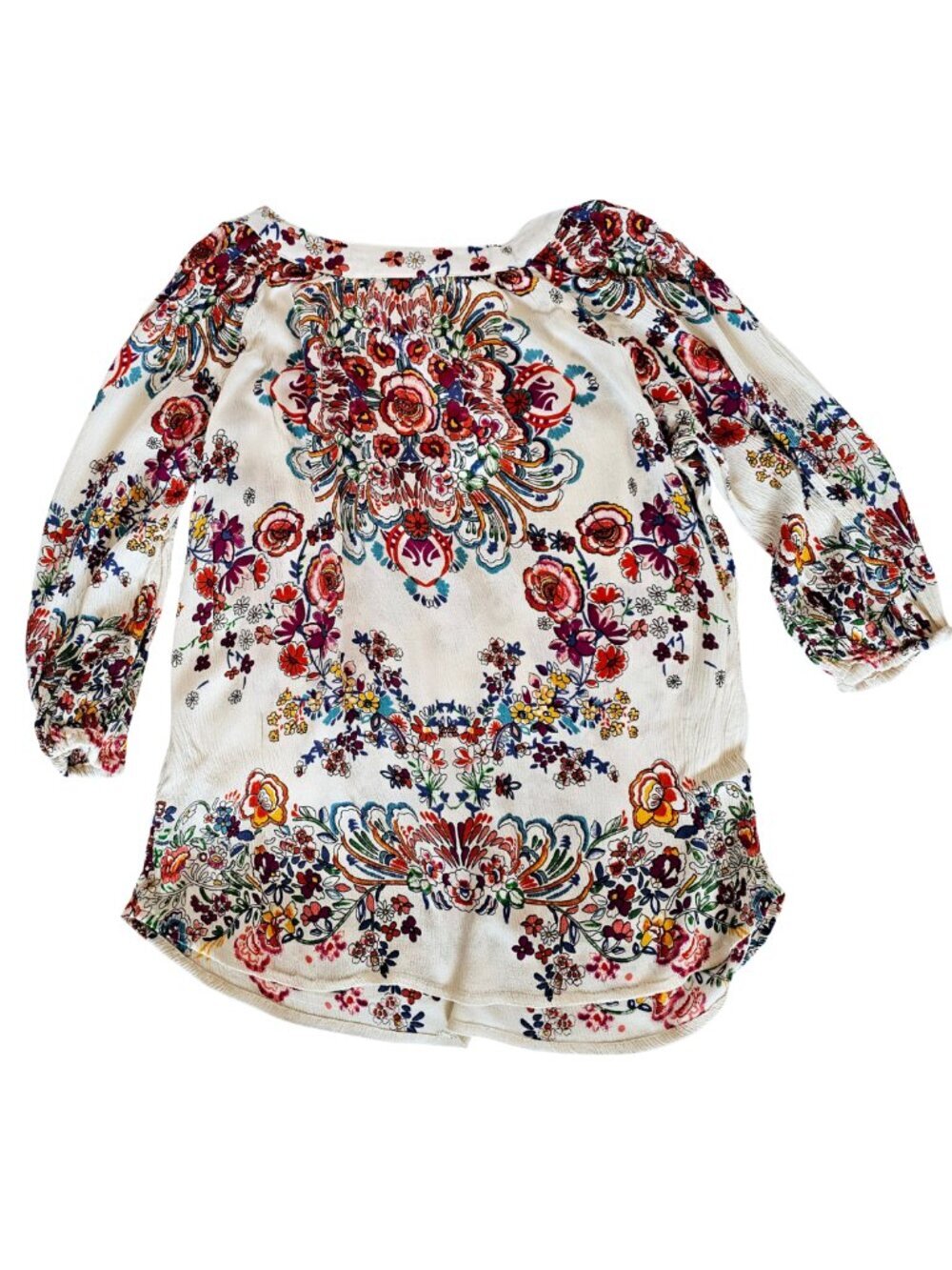 Bila V-Neck 3/4 Sleeve Floral Bohemian Blouse, Cream/Multi, Size Small - Picture 2 of 8